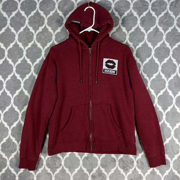 DIXXON Tops - Vixxon Dixxon Hoodie Women Size Medium Burgundy Red Full Zip Lips